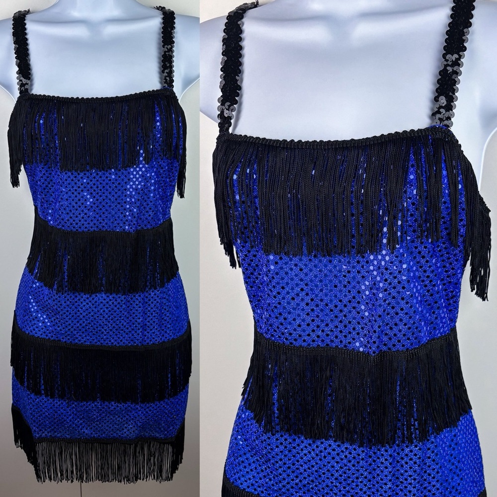 Fredericks of Hollywood Flapper Fringe Sequin Mini Cocktail Dress Black Blue NEW